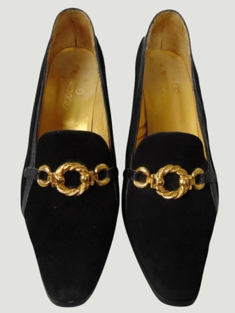 Vintage Alberto Gozzi Horsebit Heels Black Suede Italy 7.5 Gold Hardware